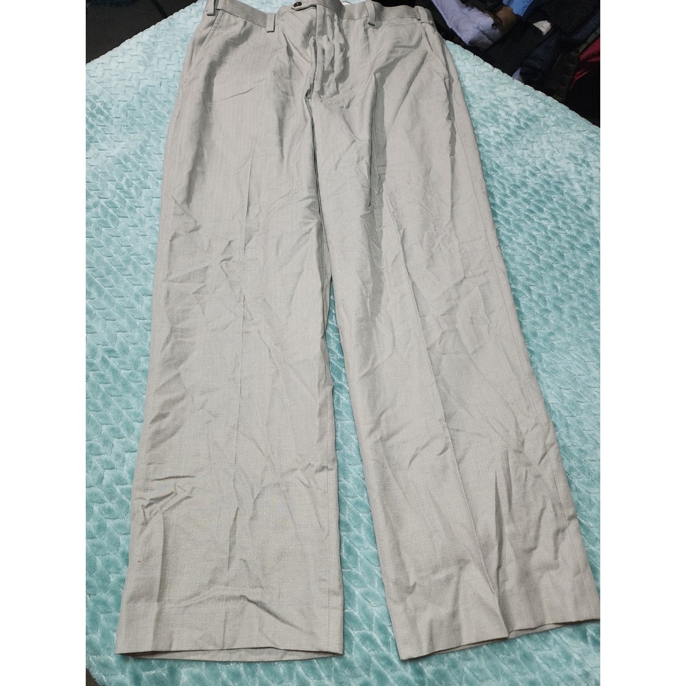 Geoffrey Beene Mens Herringbone Linen Blend Dress Pants Beige Tan 36x30